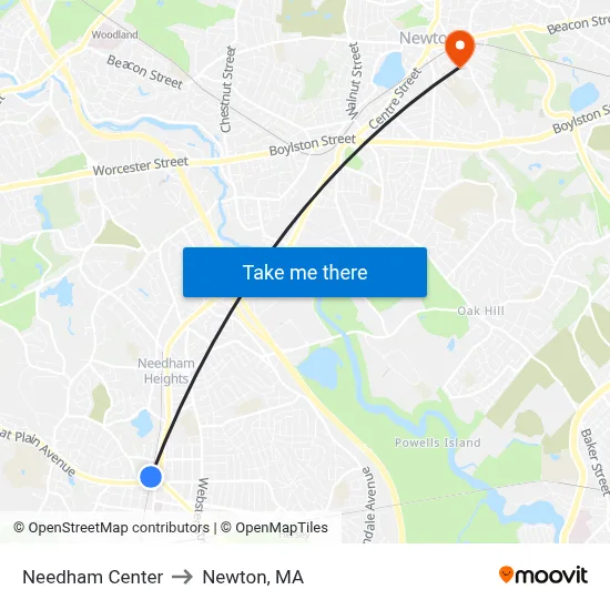 Needham Center to Newton, MA map
