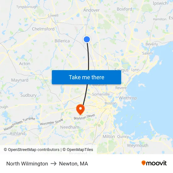 North Wilmington to Newton, MA map