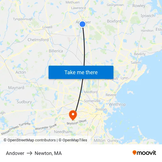 Andover to Newton, MA map