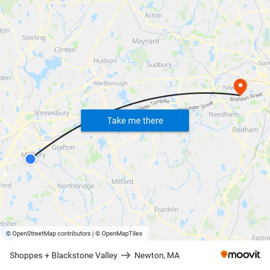 Shoppes + Blackstone Valley to Newton, MA map