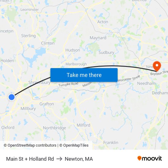 Main St + Holland Rd to Newton, MA map