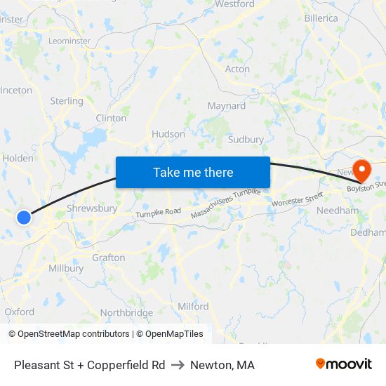 Pleasant St + Copperfield Rd to Newton, MA map