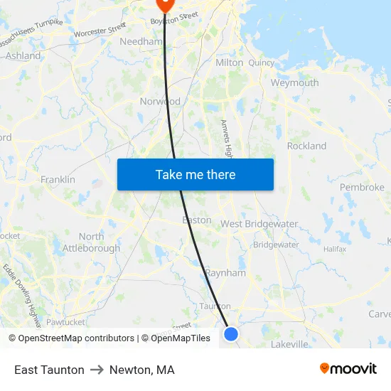 East Taunton to Newton, MA map