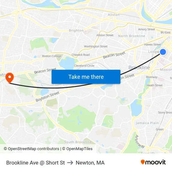 Brookline Ave @ Short St to Newton, MA map