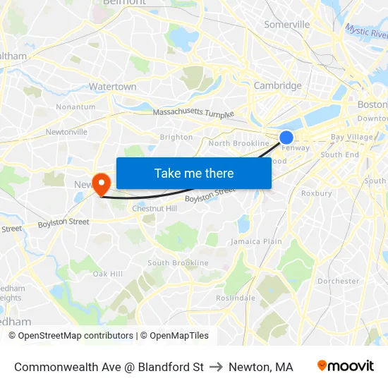 Commonwealth Ave @ Blandford St to Newton, MA map