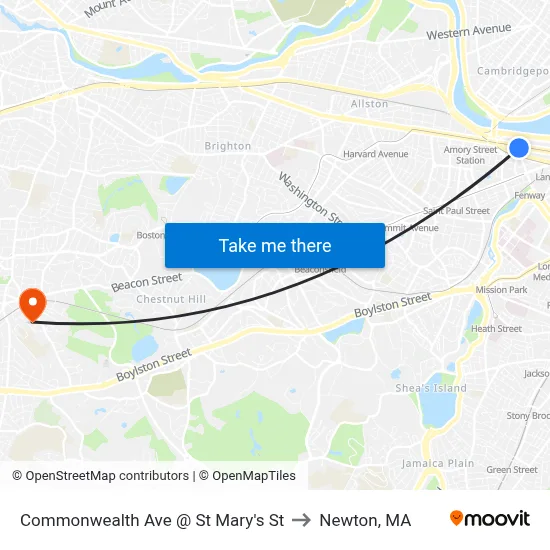 Commonwealth Ave @ St Mary's St to Newton, MA map
