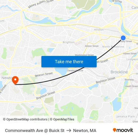 Commonwealth Ave @ Buick St to Newton, MA map