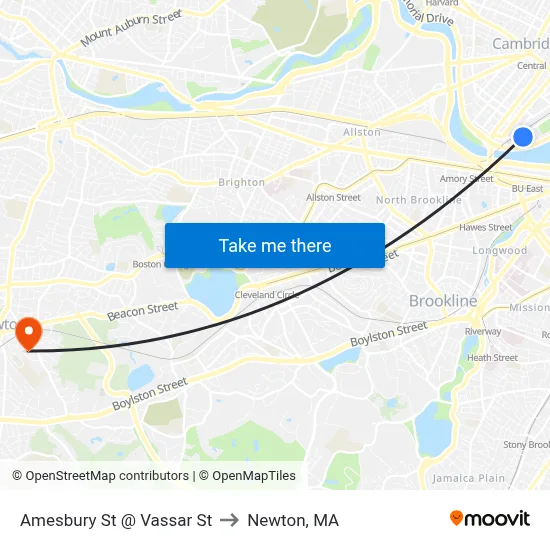 Amesbury St @ Vassar St to Newton, MA map
