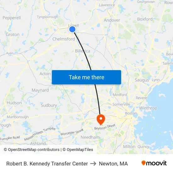 Robert B. Kennedy Transfer Center to Newton, MA map