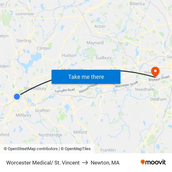 Worcester Medical/ St. Vincent to Newton, MA map