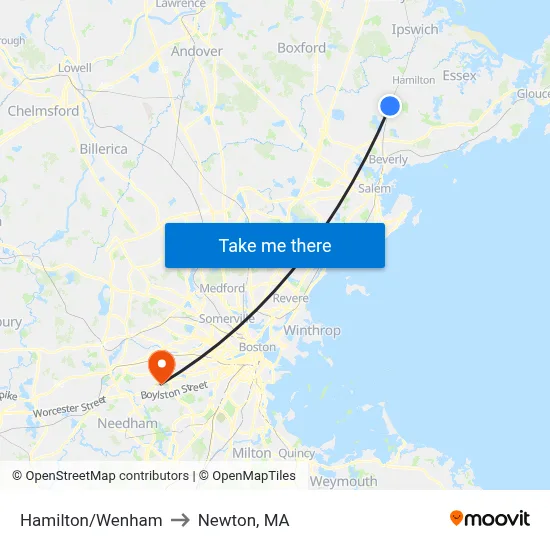 Hamilton/Wenham to Newton, MA map