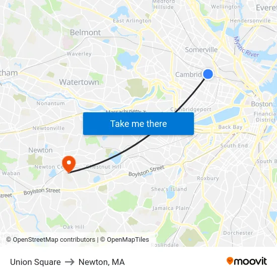 Union Square to Newton, MA map