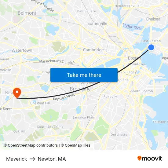 Maverick to Newton, MA map