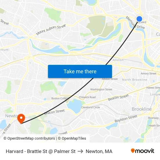Harvard - Brattle St @ Palmer St to Newton, MA map