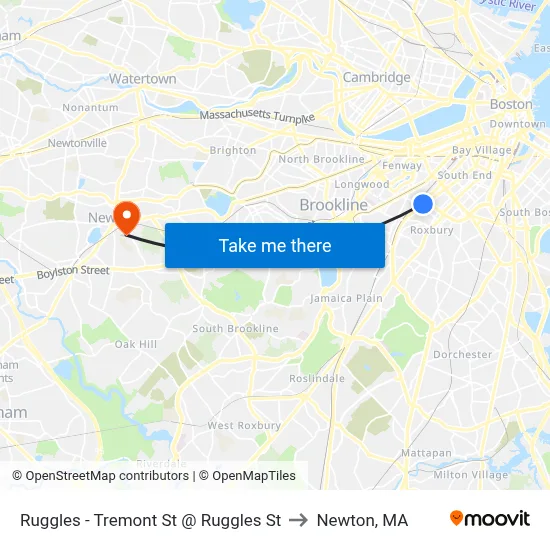 Ruggles - Tremont St @ Ruggles St to Newton, MA map