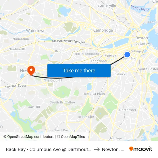 Back Bay - Columbus Ave @ Dartmouth St to Newton, MA map
