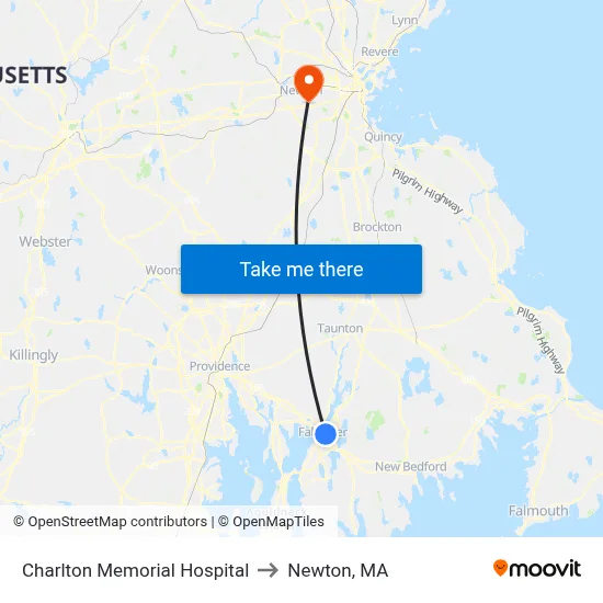Charlton Memorial Hospital to Newton, MA map