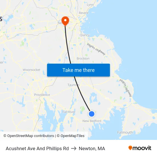 Acushnet Ave And Phillips Rd to Newton, MA map