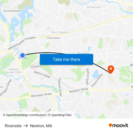 Riverside to Newton, MA map