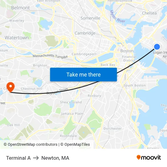 Terminal A to Newton, MA map
