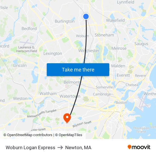 Woburn Logan Express to Newton, MA map