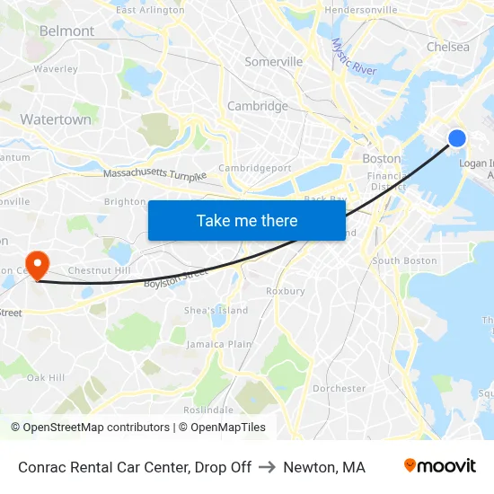 Conrac Rental Car Center, Drop Off to Newton, MA map