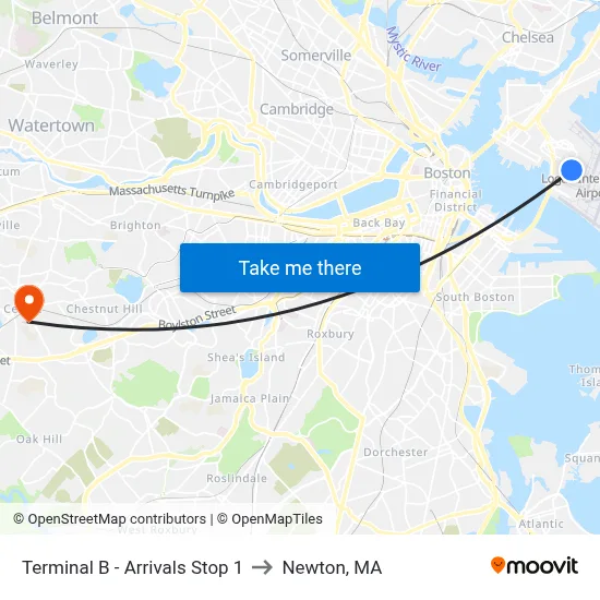 Terminal B - Arrivals Stop 1 to Newton, MA map