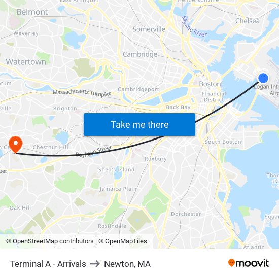 Terminal A - Arrivals to Newton, MA map