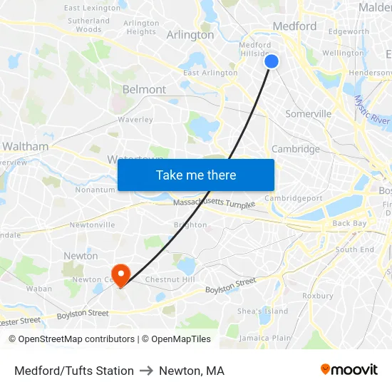 Medford/Tufts Station to Newton, MA map