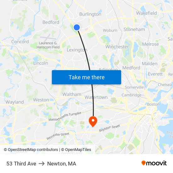53 Third Ave to Newton, MA map