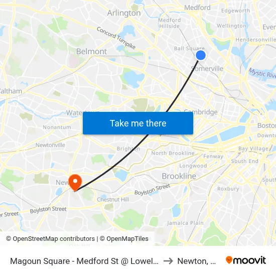 Magoun Square - Medford St @ Lowell St to Newton, MA map