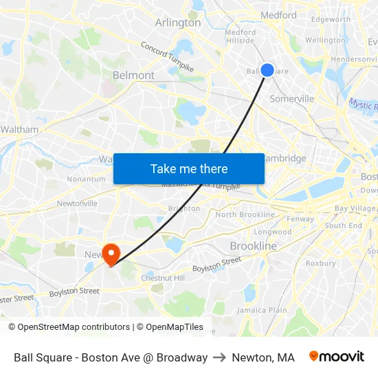 Ball Square - Boston Ave @ Broadway to Newton, MA map