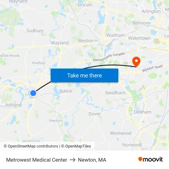 Metrowest Medical Center to Newton, MA map