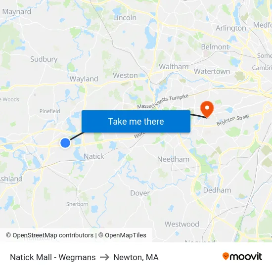 Natick Mall - Wegmans to Newton, MA map