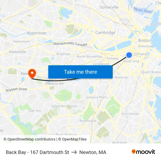 Back Bay - 167 Dartmouth St to Newton, MA map