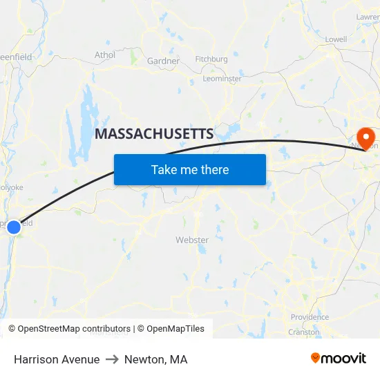 Harrison Avenue to Newton, MA map