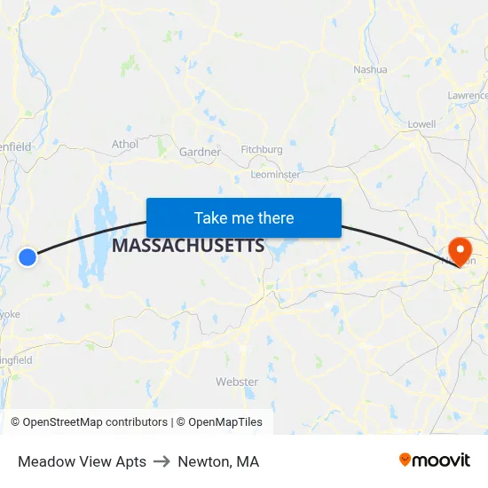 Meadow View Apts to Newton, MA map
