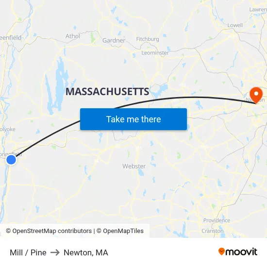 Mill / Pine to Newton, MA map