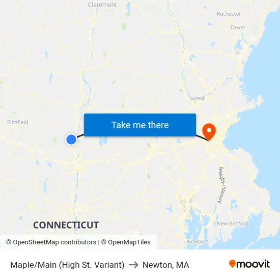 Maple/Main (High St. Variant) to Newton, MA map