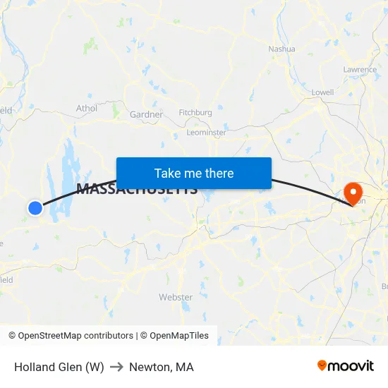 Holland Glen (W) to Newton, MA map