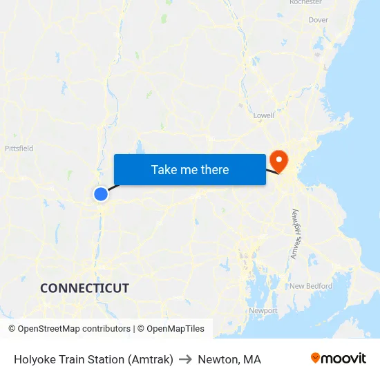 Holyoke Train Station (Amtrak) to Newton, MA map