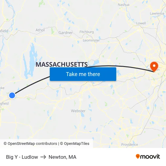 Big Y - Ludlow to Newton, MA map