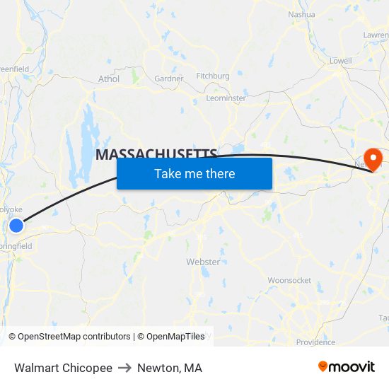 Walmart Chicopee to Newton, MA map