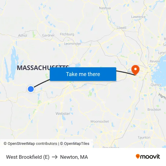 West Brookfield (E) to Newton, MA map