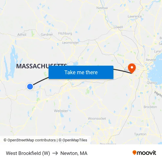West Brookfield (W) to Newton, MA map