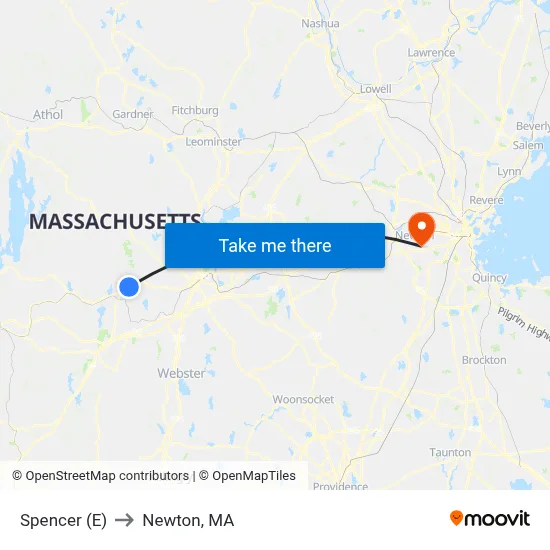 Spencer (E) to Newton, MA map