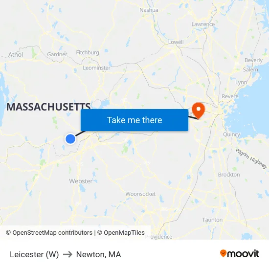 Leicester (W) to Newton, MA map