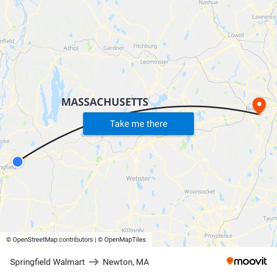 Springfield Walmart to Newton, MA map