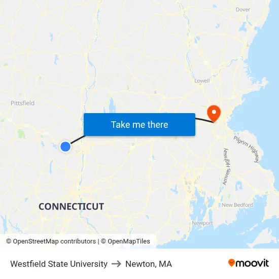 Westfield State University to Newton, MA map