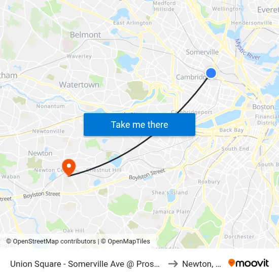 Union Square - Somerville Ave @ Prospect St to Newton, MA map